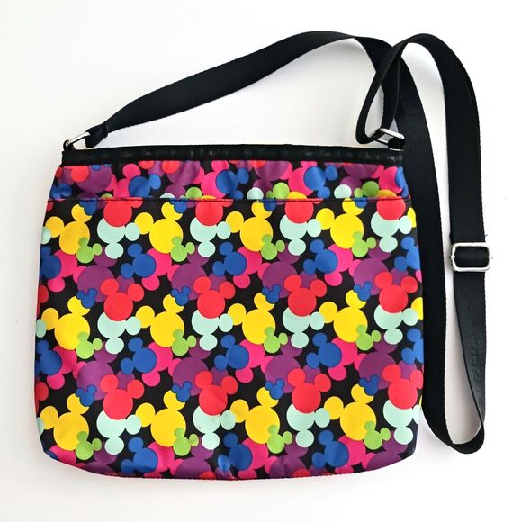 NEW Disney Parks Lg Nylon Crossbody Bag Multicolor Mickey Head Icon Blk Strap - Picture 5 of 11